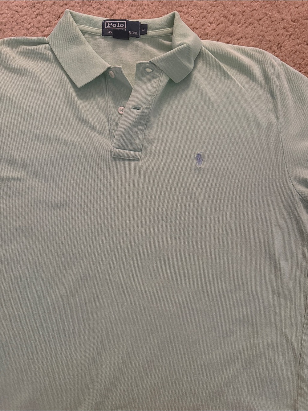 POLO Ralph Lauren, mint green polo with pale blue monogram L. EUC RARE COLOR